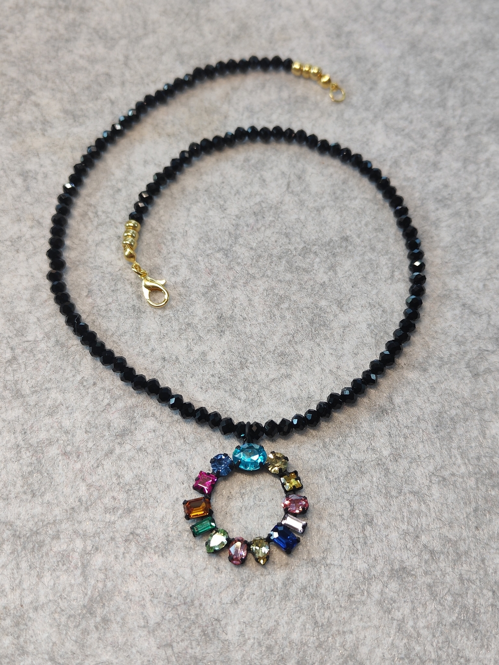 Multi-Color Rhinestone Circle Pendant Necklace with Black Rondelle Beads